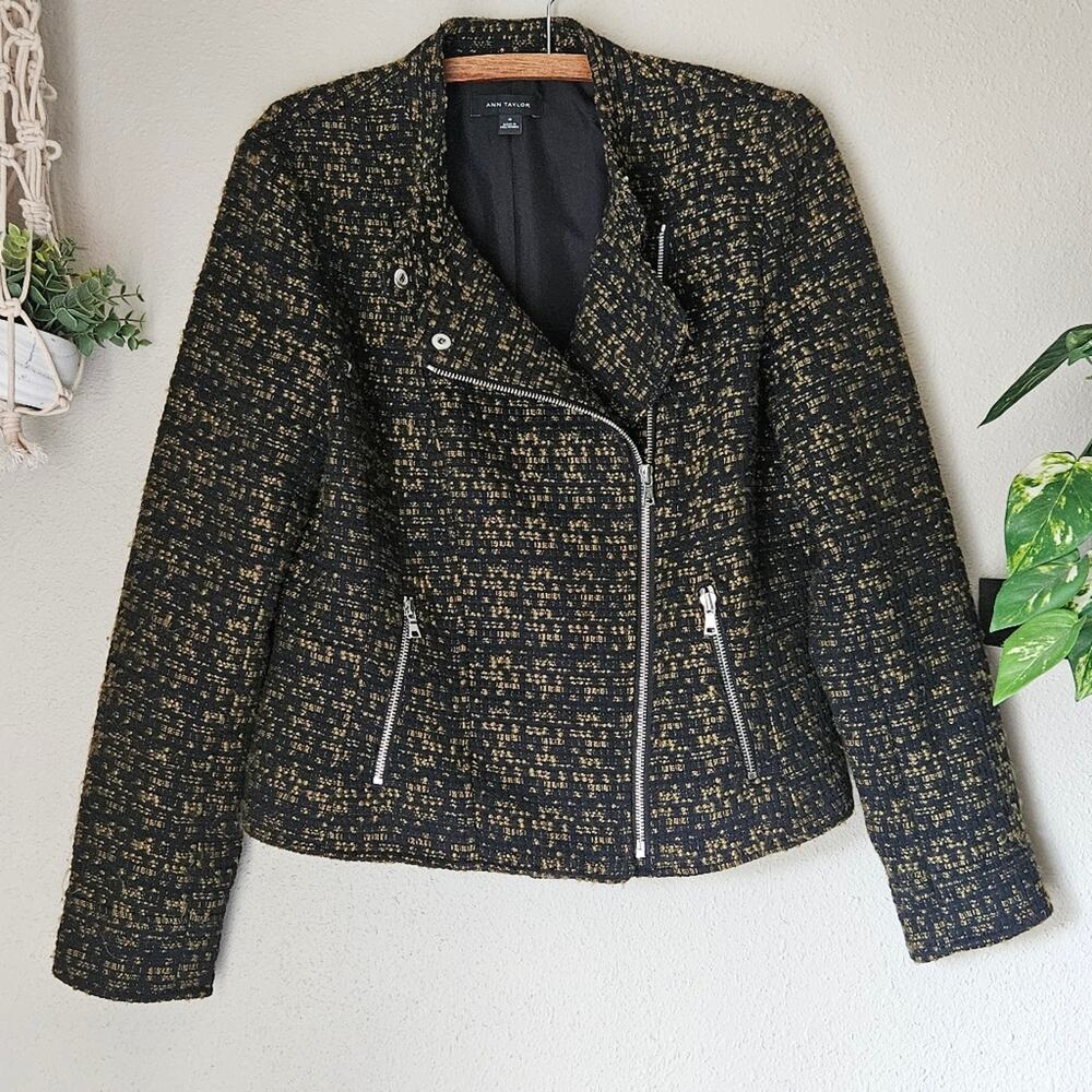 Tweed Moto Jacket Ann Taylor Green & Black Size 10 Business Casual Biker Style - Picture 8 of 10